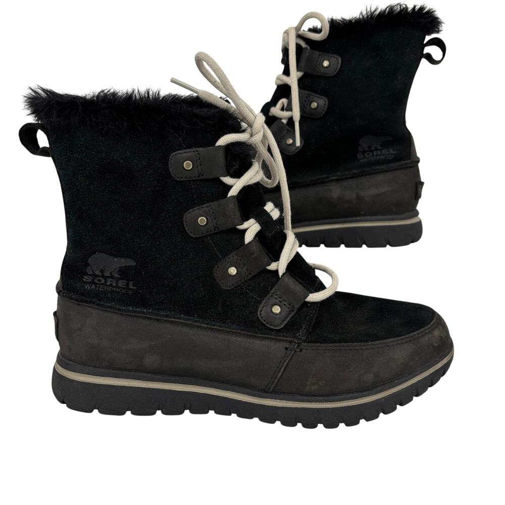 Sorel Cozy Joan Boots Size 7.5 Black Leather Nubuck Faux Fur Lace Up Waterproof